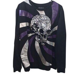 INC Skull Sequin Black & Purple Long Sleeve Sweatshirt XL